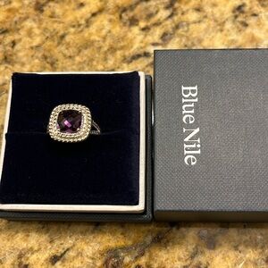 NWB Blue Nile Corda Cushion-Cut Sterling Silver Halo Amethyst White Topaz Ring